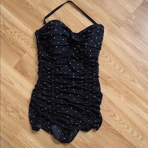 Vitamin A Black Ruched Swimsuit White Polka Dots Vintage Rockabilly Style Small